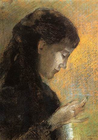 雷东夫人刺绣画像 Portrait of Madame Redon Embroidering (1880)，奥迪隆·雷东