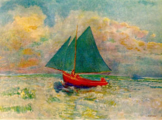 红船与蓝帆 Red Boat with Blue Sails (c.1907)，奥迪隆·雷东