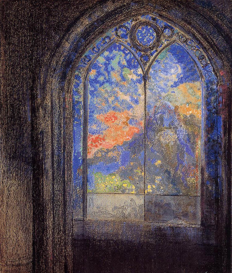 彩色玻璃窗（神秘花园） Stained Glass Window (The Mysterious Garden) (c.1905)，奥迪隆·雷东