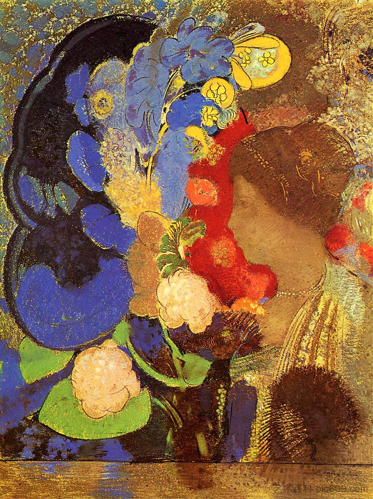 花中女人 Woman among the Flowers (c.1910)，奥迪隆·雷东