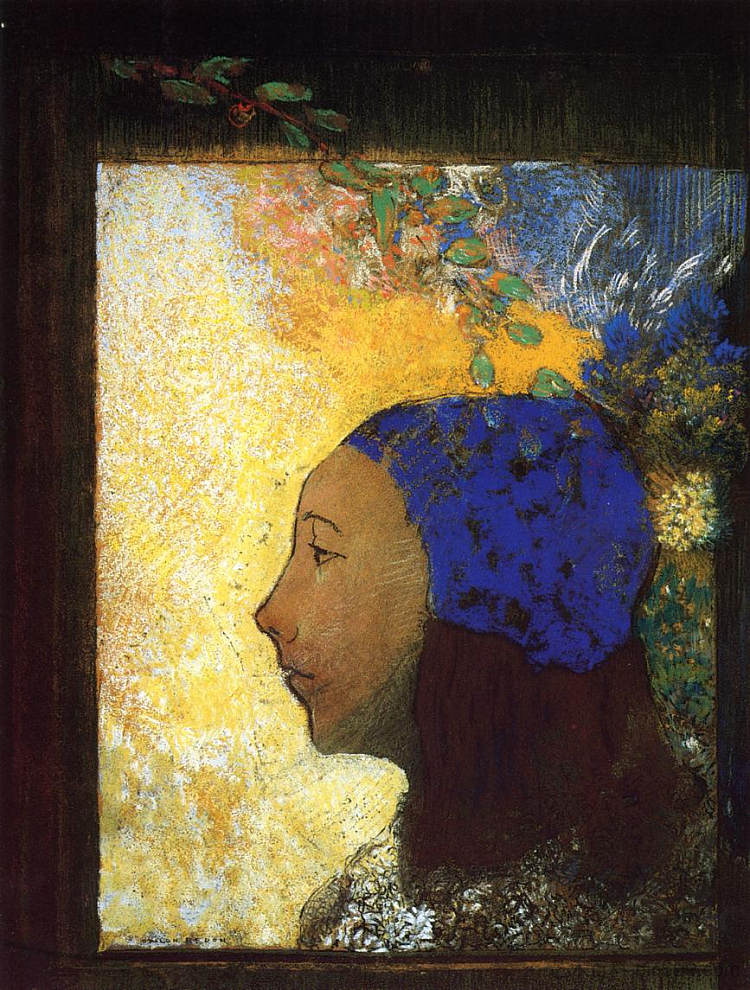 戴蓝色帽子的年轻女孩 Young Girl in a Blue Bonnet，奥迪隆·雷东