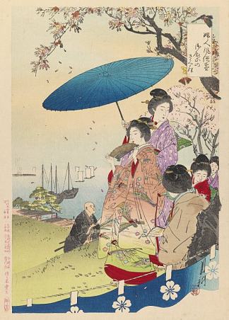 春天的艺伎 Geisha in Springtime (1890)，尾形月耕