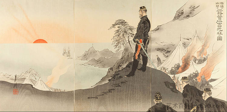 官兵在亚瑟港山区扎营时崇拜朝阳的照片 Picture of Officers and Men Worshiping the Rising Sun While Encamped in the Mountains of Port Arthur (1894)，尾形月耕