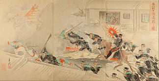 久庄街头激烈战斗的图片 Picture of Severe Battle on the streets of Gyuso (1895)，尾形月耕