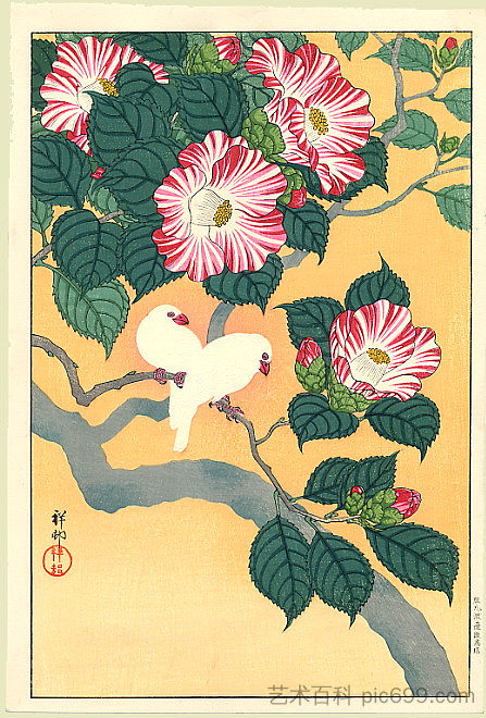 山茶花和稻鸟 Camellia and Rice Birds (1929; Japan  )，小原古邨