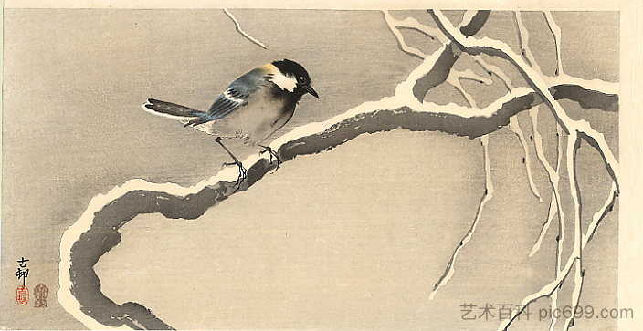 雪枝上的巨山雀 Giant Tit on Snowy Branch，小原古邨