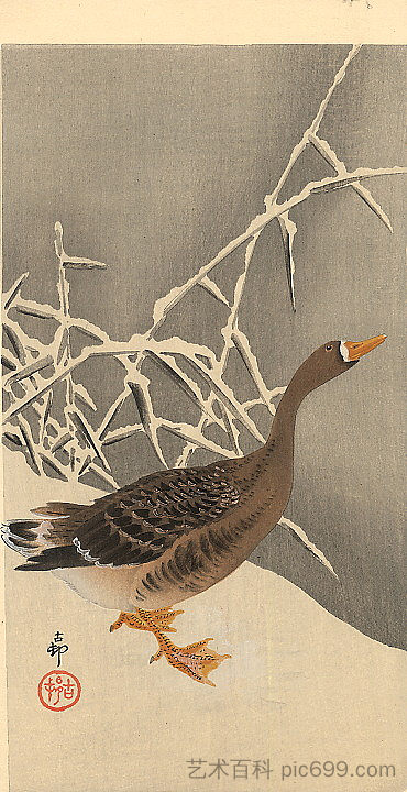 雪地上的鹅 Goose on the snow，小原古邨