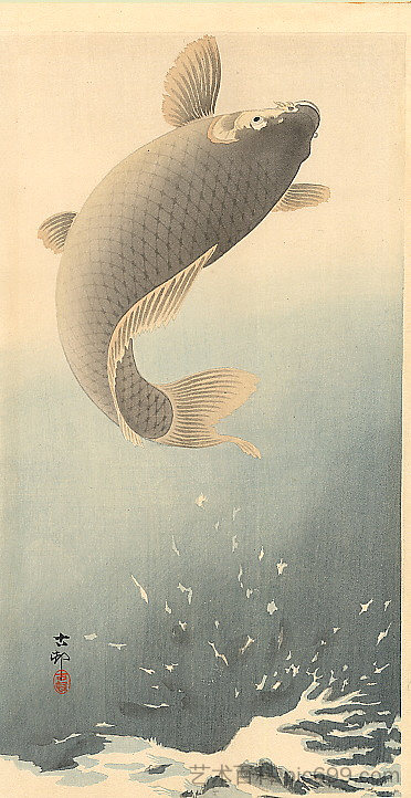 跳鲤 Leaping Carp (c.1910; Japan  )，小原古邨