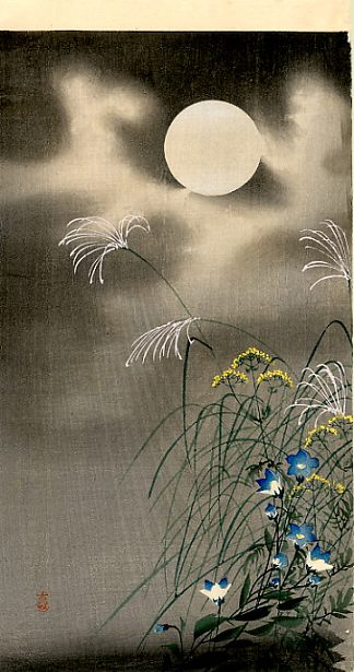 月亮和蓝色花朵 Moon and Blue Flowers，小原古邨