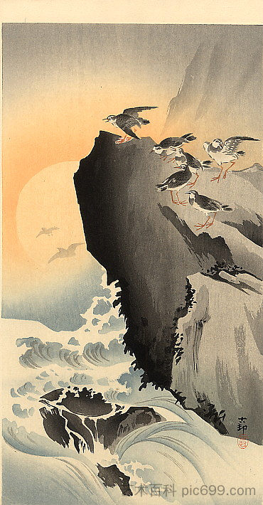 鹬和月亮 Sandpipers and Moon，小原古邨