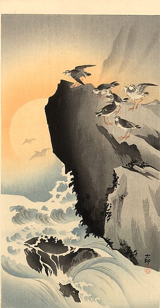 鹬和月亮 Sandpipers and Moon，小原古邨