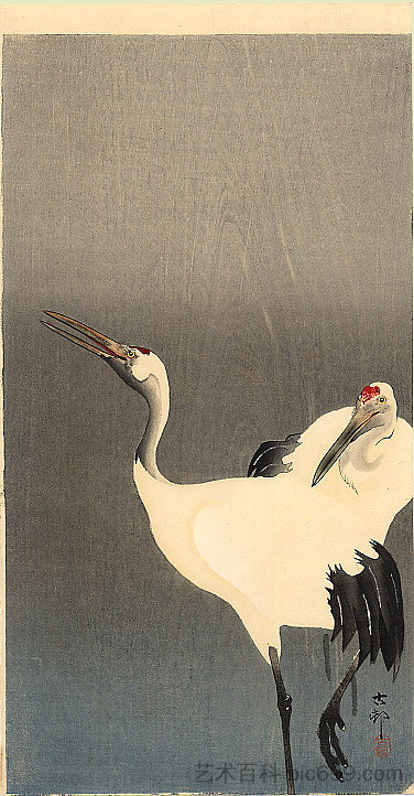 两台白色起重机 Two white cranes (c.1910; Japan  )，小原古邨