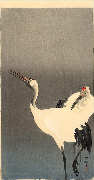 两台白色起重机 Two white cranes (c.1910; Japan                     )，小原古邨