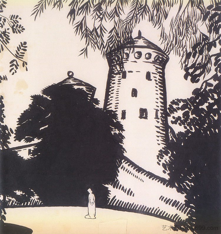 城堡背景下的女性剪影 Female silhouette against the background of the castle (1911; Kiev,Ukraine  )，博格马佐夫