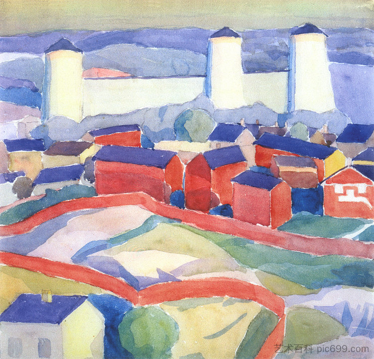 红色房屋景观 Landscape with red houses (1911; Kiev,Ukraine  )，博格马佐夫