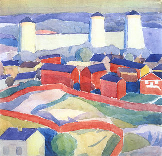 红色房屋景观 Landscape with red houses (1911; Kiev,Ukraine                     )，博格马佐夫