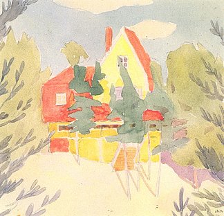 带有红色屋顶的房屋的景观 Landscape with the house with red roof (1911; Kiev,Ukraine                     )，博格马佐夫