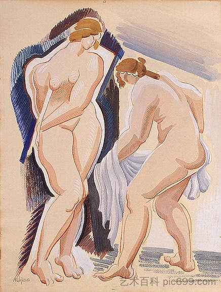 两个裸体女性形象与布 Two Nude Female Figures with a Cloth (c.1921),亚历山大・阿尔基边克