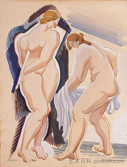 两个裸体女性形象与布 Two Nude Female Figures with a Cloth (c.1921)，亚历山大・阿尔基边克