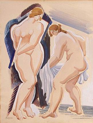 两个裸体女性形象与布 Two Nude Female Figures with a Cloth (c.1921)，亚历山大・阿尔基边克