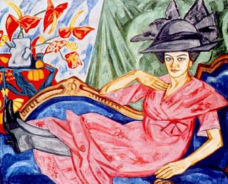粉色女士（艺术家的妹妹安娜·罗扎诺娃） Lady in pink (Artist’s sister Anna Rozanova) (1911)，奥尔加·罗赞诺娃
