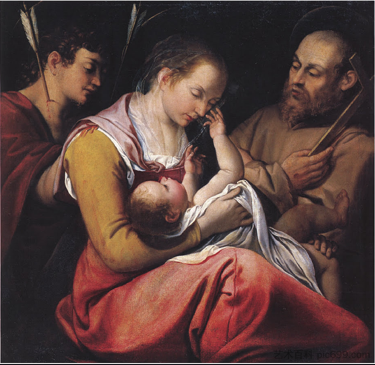 麦当娜和孩子与圣塞巴斯蒂安和弗朗西斯 Madonna and Child with Sts Sebastian and Francis (1600)，奥拉齐奥·真蒂莱斯基