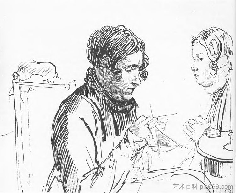 针织。桌旁有两个女人 Knitting. Two women at the table (1816)，吉普林斯基