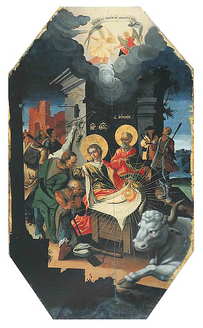 耶稣诞生。从基辅佩乔尔斯克修道院圣母升天大教堂主圣像壁的节日行 The Nativity. From the Festive Row of the Main Iconostasis of the Assumption Cathedral of the Kyiv-Pechersk Lavra (1729)，东正教圣像