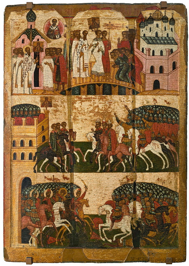 1170年诺夫哥罗德和苏兹达尔之间的战斗（图标“Theotokos the Sign”的奇迹） Battle Between Novgorod and Suzdal in 1170 (Miracle of the icon 'Theotokos the Sign') (c.1500 - c.1600)，东正教圣像