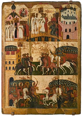 1170年诺夫哥罗德和苏兹达尔之间的战斗（图标“Theotokos the Sign”的奇迹） Battle Between Novgorod and Suzdal in 1170 (Miracle of the icon ‘Theotokos the Sign’) (c.1500 – c.1600)，东正教圣像