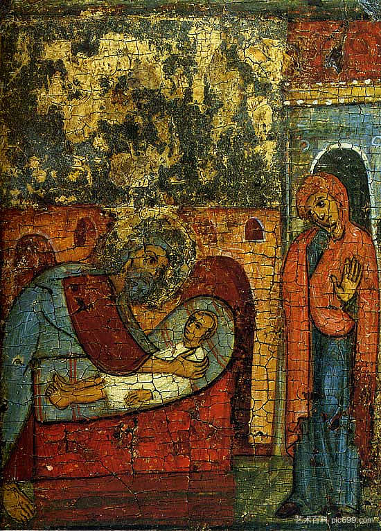 以利亚养育寡妇的儿子（摘自“沙漠中的先知以利亚”的细节） Elijah Raises the Widow's Son (from Hagiographic cycle of detail of 'Prophet Elijah in the desert' ) (c.1275 - c.1325)，东正教圣像