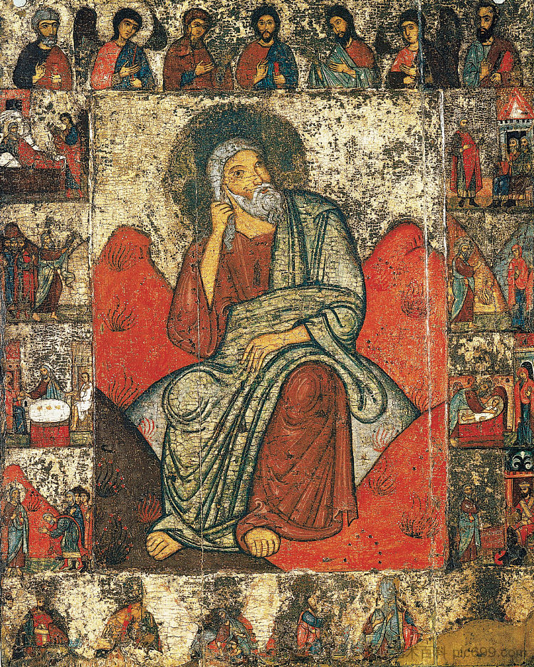 先知以利亚在沙漠中与圣像循环 Prophet Elijah in the desert with Hagiographic cycle (c.1275 - c.1325)，东正教圣像