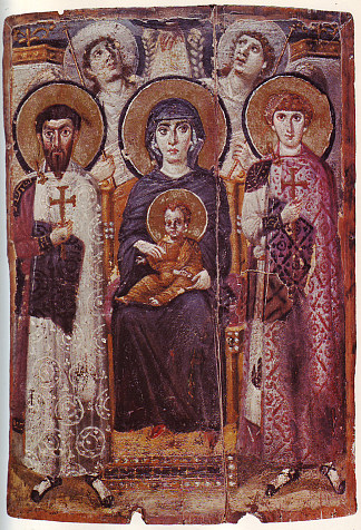 圣母（西奥托科斯）和圣徒西奥多和乔治之间的孩子 Virgin (Theotokos) and Child between Saints Theodore and George (c.550)，东正教圣像