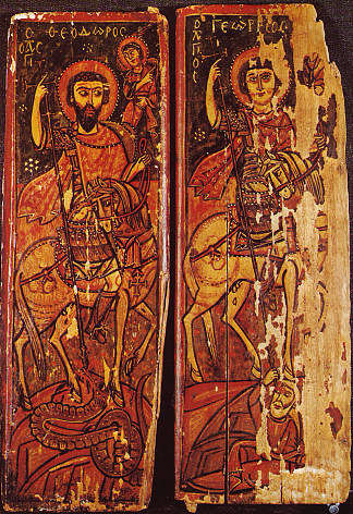 勇士圣徒阿马海的西奥多和乔治骑马，征服他们的敌人 The Warrior-saints Theodor of Amasea and George Mounted, Conquering Their Enemies (c.800 – c.1000)，东正教圣像