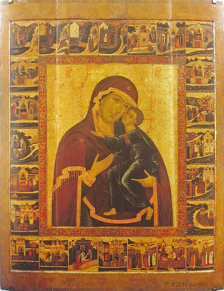 托尔加的Theotokos,描绘了托尔加修道院的历史 Theotokos of Tolga with a depiction of Tolga Monastery's history (1655),东正教圣像