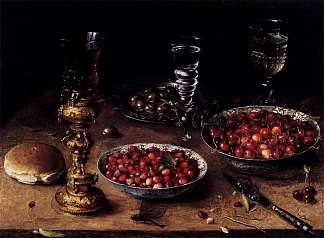 静物与樱桃和草莓在中国碗 Still Life with Cherries and Strawberries in China Bowls (1608)，奥夏斯.贝尔