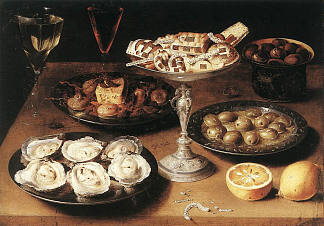 静物与牡蛎和糕点 Still Life with Oysters and Pastries (1610)，奥夏斯.贝尔