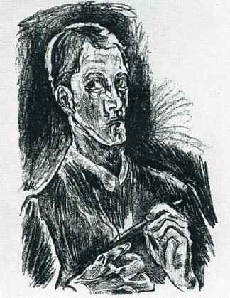 自画像（用笔的半身像） Self-Portrait (bust with pen) (1914)，奥斯卡·科柯施卡