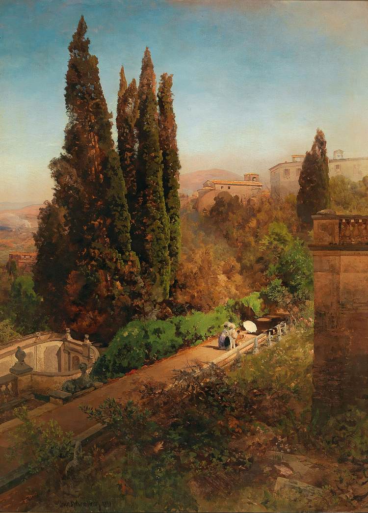罗马附近蒂沃利的埃斯特别墅花园景观 View Of The Gardens Of Villa D'este In Tivoli, near Rome (1881)，奥斯瓦尔德·阿亨巴赫
