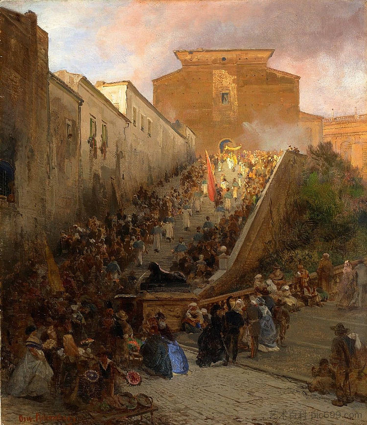 罗马阿拉科利圣玛丽亚教堂的游行 Procession at the Church of Santa Maria in Aracoeli in Rome,奥斯瓦尔德·阿亨巴赫