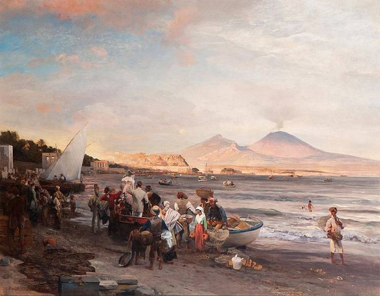 日落时的基亚亚海滩 Chiaia beach at sunset (1878)，奥斯瓦尔德·阿亨巴赫