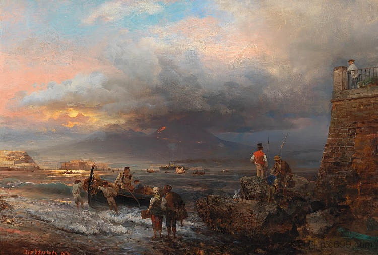 背景中的那不勒斯湾和维苏威火山 The Bay Of Naples And Vesuvius In The Background (1874)，奥斯瓦尔德·阿亨巴赫