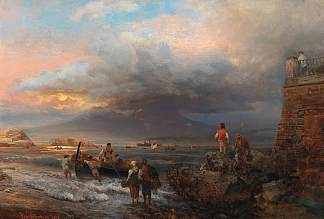 背景中的那不勒斯湾和维苏威火山 The Bay Of Naples And Vesuvius In The Background (1874)，奥斯瓦尔德·阿亨巴赫