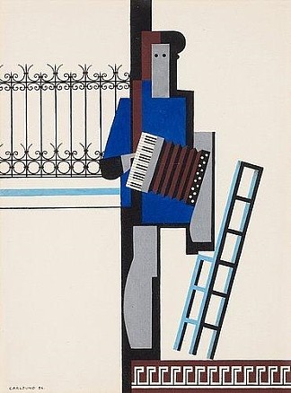 带手风琴/蓝杠的音乐家 Musician with accordion/Blue bar (1926)，奥托·古斯塔夫·考尔斯特