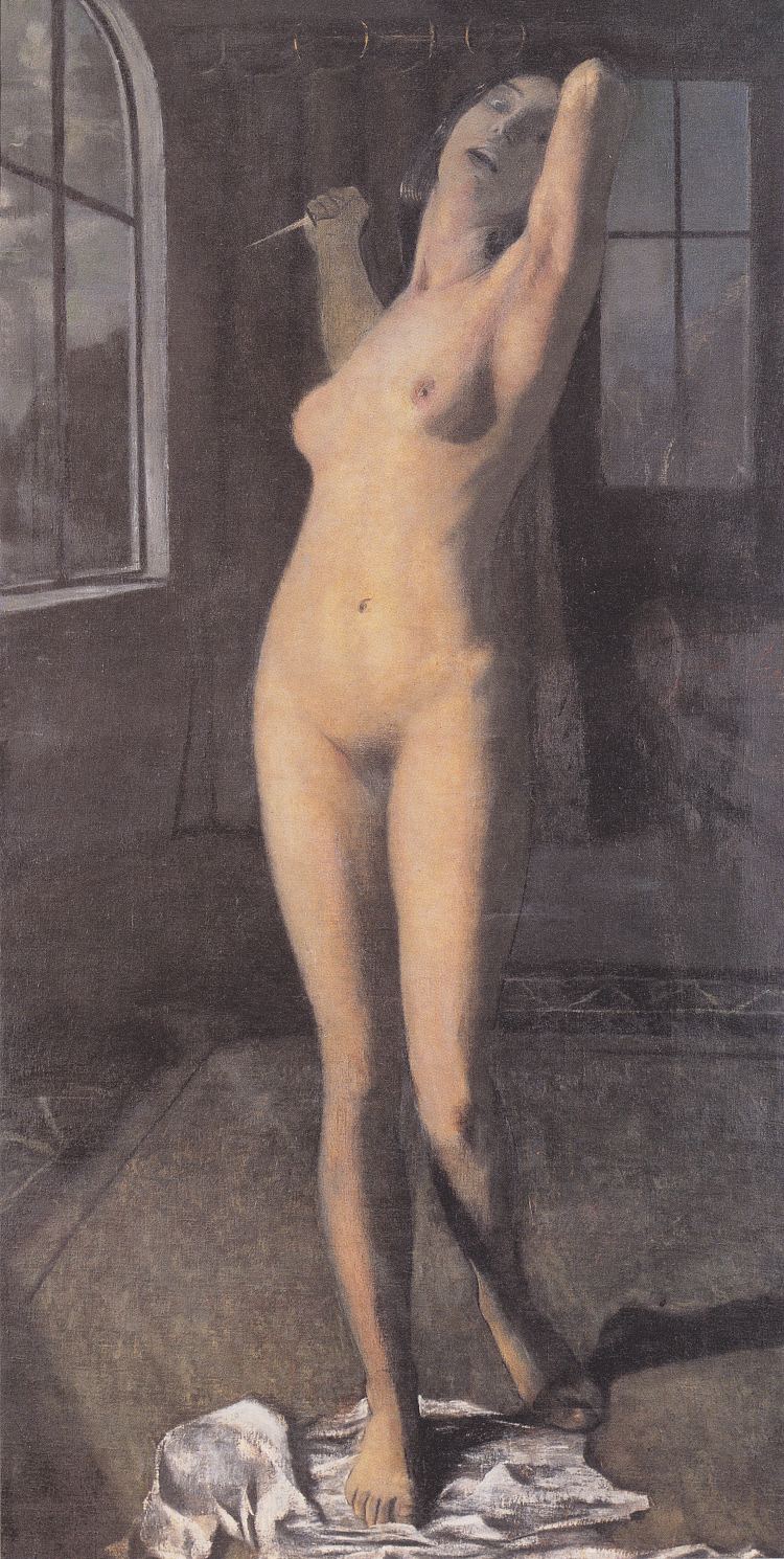 站立女孩裸体与匕首（卢克雷蒂亚） Stehender Mädchenakt Mit Dolch (lukretia) (1903)，奥托·缪勒