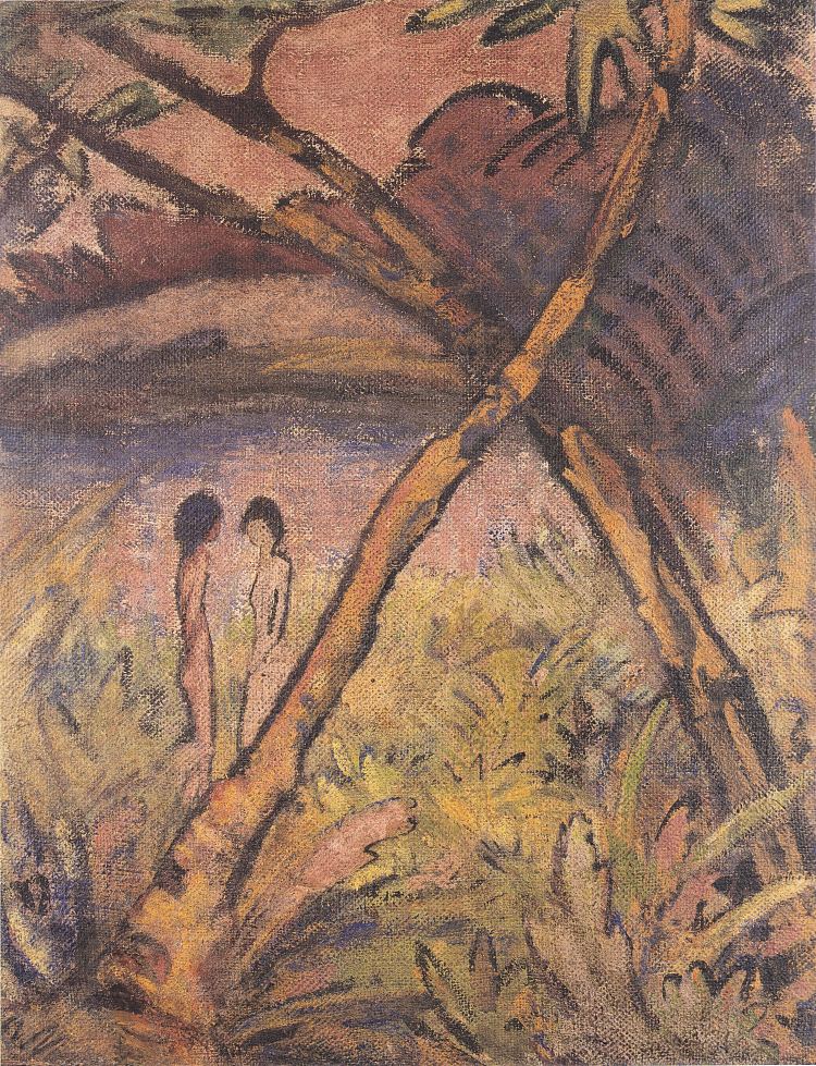 两个女孩裸体和交叉树干在森林池塘 Zwei Mädchenakte Und Gekreuzte Stämme Am Waldteich (1920)，奥托·缪勒