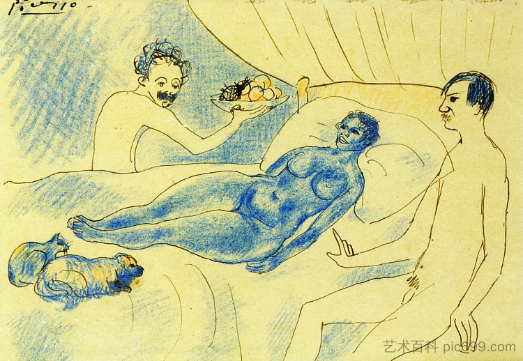 与朱尼尔和毕加索对马奈的《奥林匹亚》的模仿 A parody of Manet's Olympia with Junyer and Picasso (c.1902)，巴勃罗·毕加索