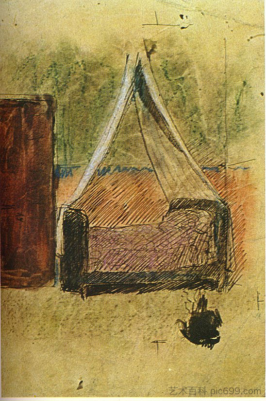 带蚊帐的床 Bed with mosquito nets (1906),巴勃罗·毕加索
