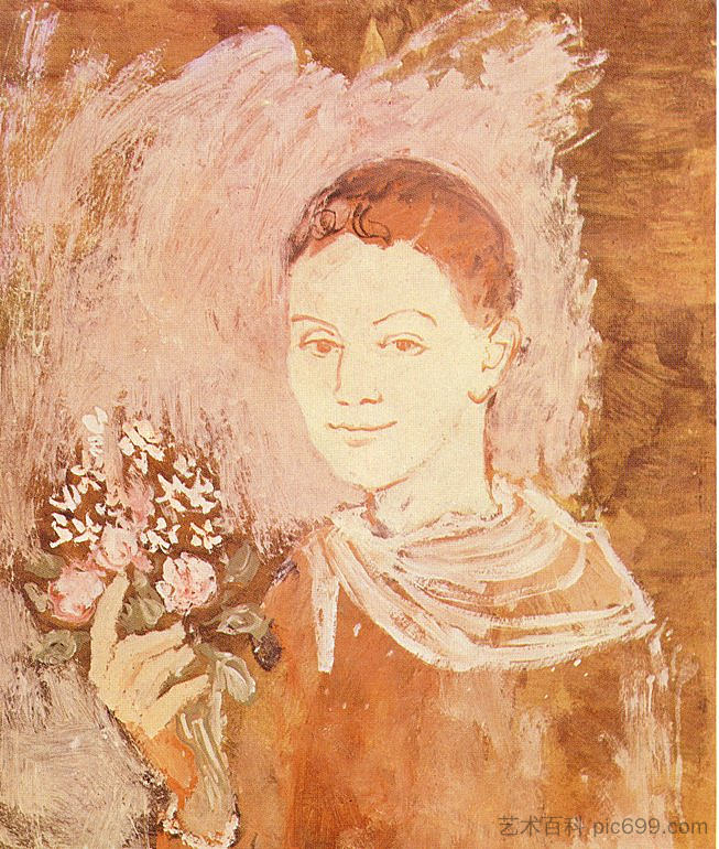 手里拿着一束花的男孩 Boy with bouquet of flowers in his hand (1905)，巴勃罗·毕加索