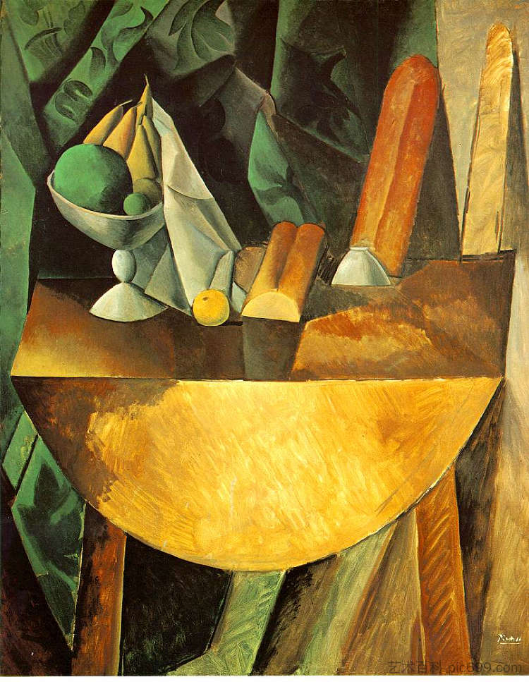 面包和盘子,桌子上有水果 Bread and dish with fruits on the table (c.1909),巴勃罗·毕加索
